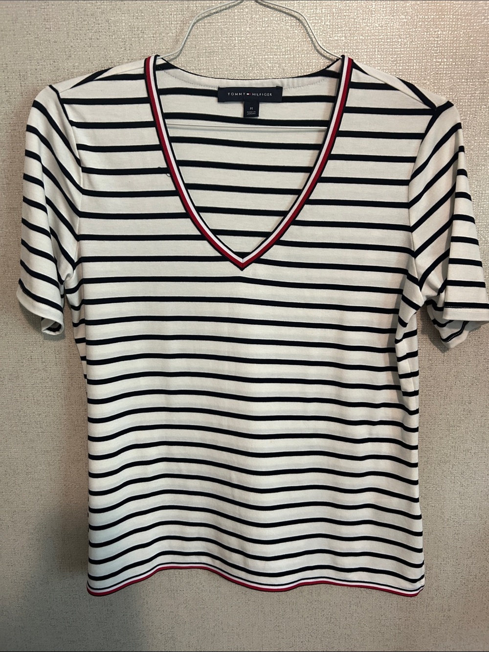 Tommy Hilfiger White & Black Striped V-Neck Tee with Red Trim